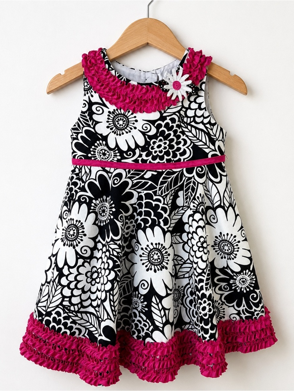 Rare Editions 24M Black White Floral Girls Dress Pink Ruffle Boutique Style